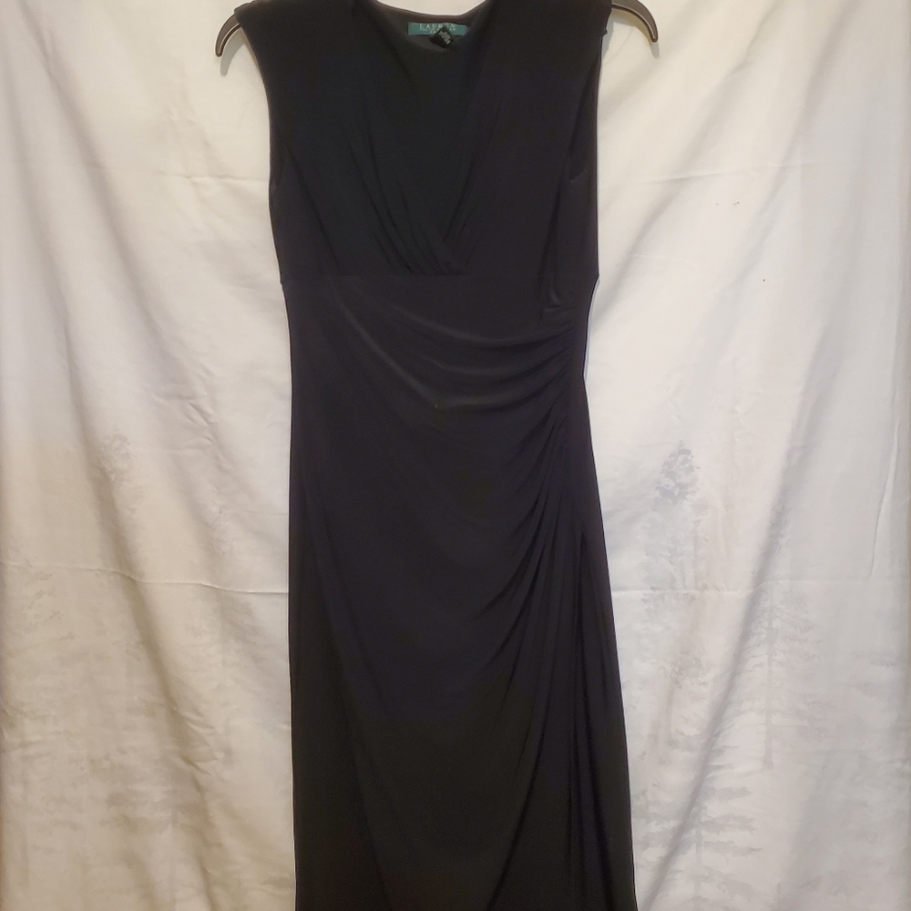 Lauren Ralph Lauren Black V Neck Sleeveless Ruched Dress Womens Size 2